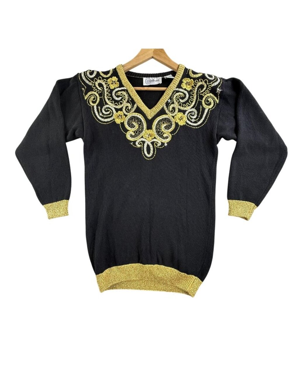 Vintage Cedars Sweater Womens Small Black Gold Sequin Embroidered Rhinestone 80s